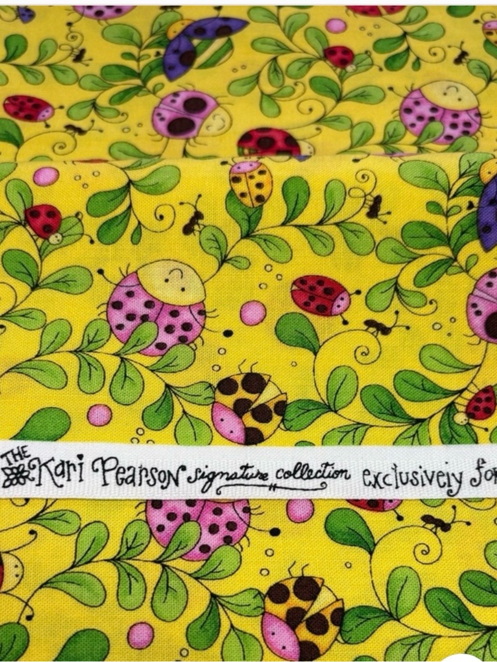 Colorful ladybugs from the Kari Pearson Collection. 1/2 yard cut. Cotton